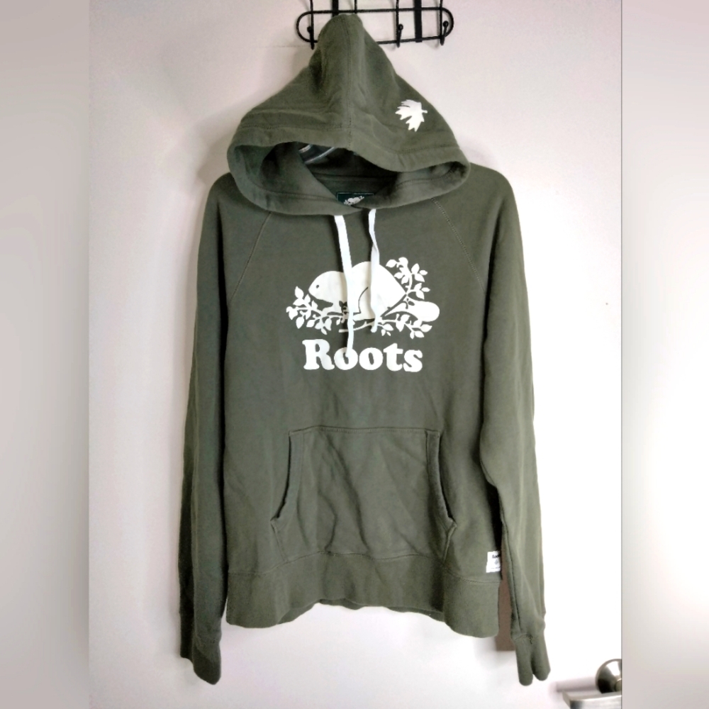 ROOTS (Size M) Men's Green Felt Graphic Logo LS Kanga Hoodie Pullover Sweater